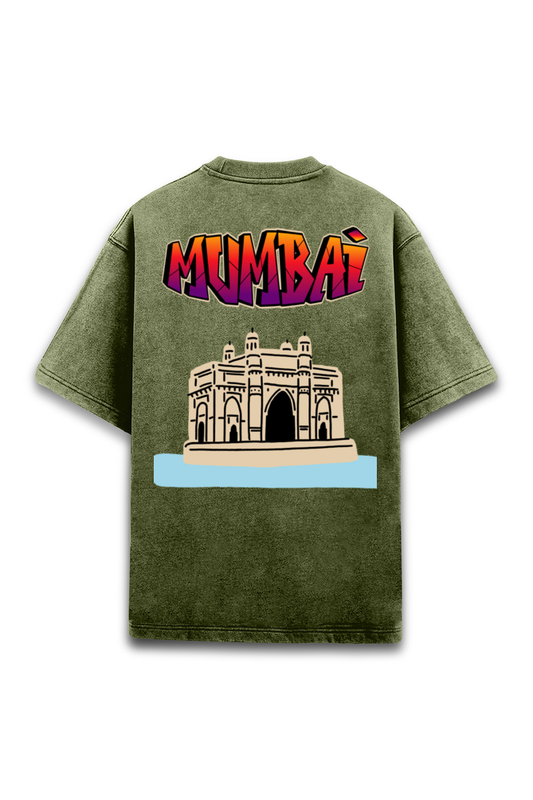 Acid Wash Oversized T-Shirt with Mumbai Graphic Print