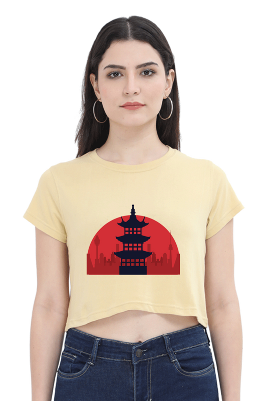 Traditional Pagoda Structure Print Crop Top